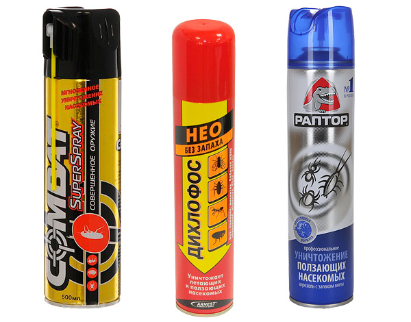 Produk aerosol - Melawan SuperSpray, Dichlorvos Neo dan Raptor daripada serangga merangkak.