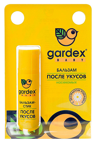 La foto mostra un esempio di balsamo applicato dopo le punture di insetti: Gardex Baby