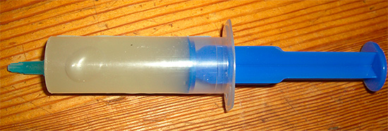 Fotografia prezintă un gel de gândaci într-o seringă (pentru ușurința aplicării).