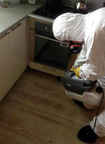 Fotografia arată cum exterminatorul tratează locurile greu accesibile din bucătărie.