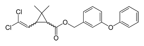 Strukturformel av permetrin (en effektiv insekticid, den aktiva ingrediensen i Samuro rökbomber).