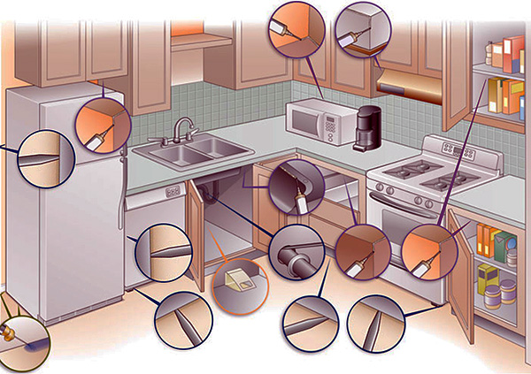 Bilden visar platserna i köket som behöver behandlas med en gel från en spruta för att effektivt döda kackerlackor.