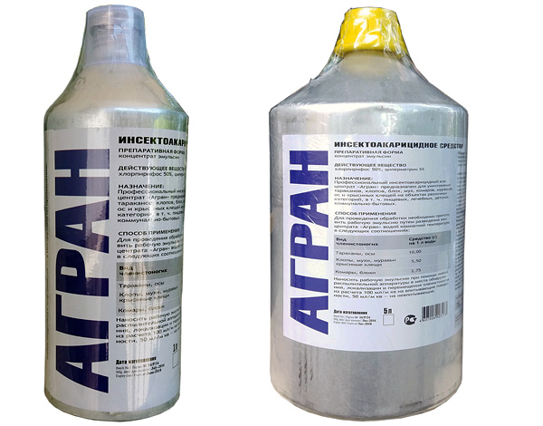 1 ve 5 litrelik şişelerde Agran (profesyonel yok ediciler için).