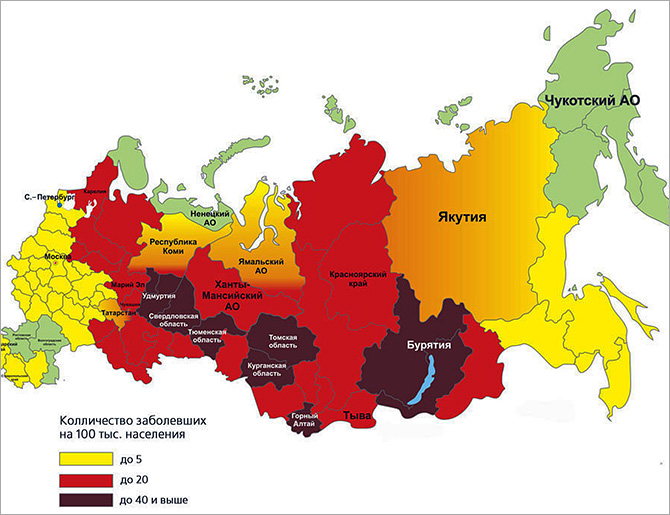 Mapa rozšíření klíšťové encefalitidy v Ruské federaci.