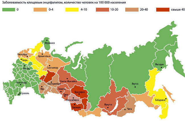 Ipinapakita ng mapa ang saklaw ng tick-borne encephalitis sa iba't ibang rehiyon ng Russia.