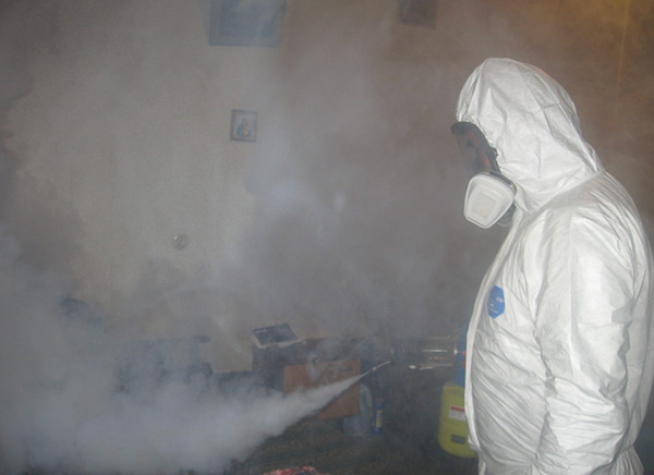 Bilden visar ett exempel på att bearbeta en lägenhet med varm dimma.